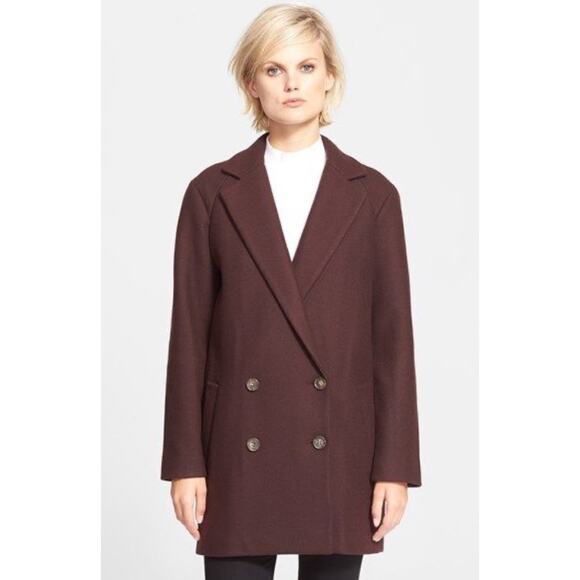 Theory Cafe Nest Virgin Wool Blend Double Breasted Coat Jacket Burgundy Size P/S - Picture 1 of 8